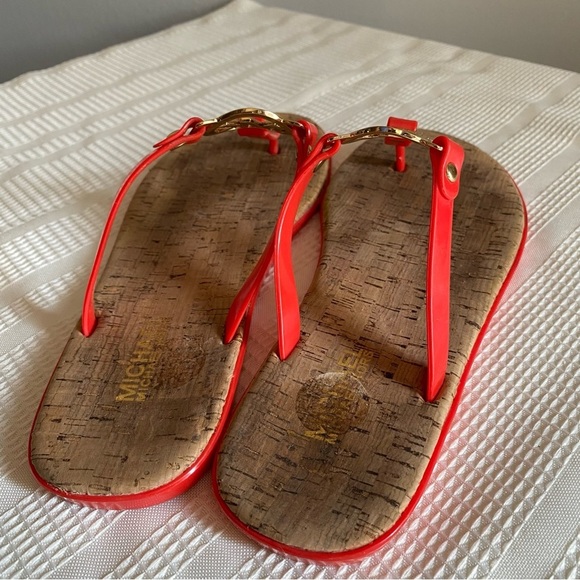 Michael Kors Cork Sandals Charm Jelly MK Gold Logo - Picture 10 of 13